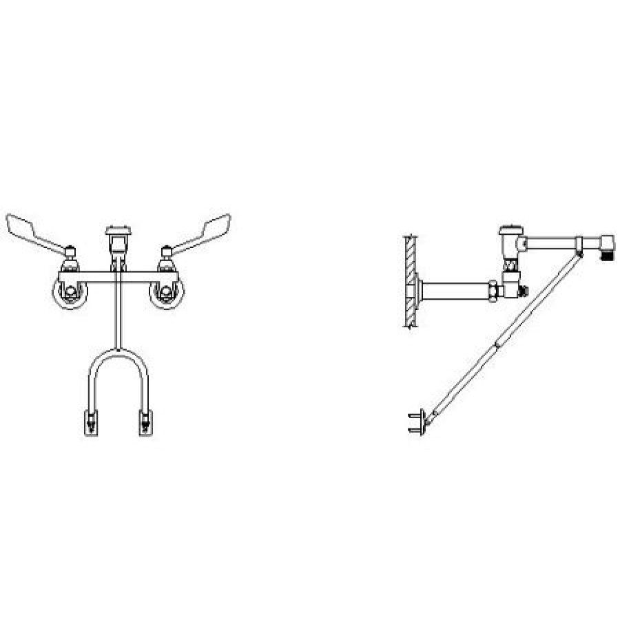 * Bridge Faucet | Budget Delta Double Handle Ceramic Disc Wallmount Faucet With Wrist Blade Handles Long Spout With Bottom Fork Brace And Body Mounted Angle Vacuum Breaker From The Commercial Series